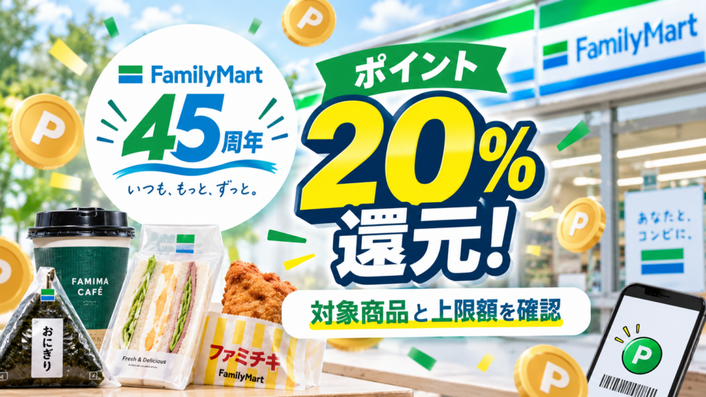 ファミマ45周年はポイント20%還元！対象商品と上限額を確認