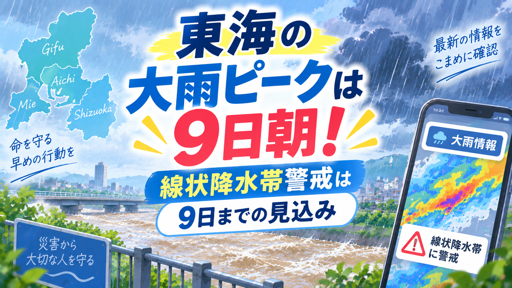 東海の大雨ピークは9日朝！線状降水帯警戒は9日までの見込み