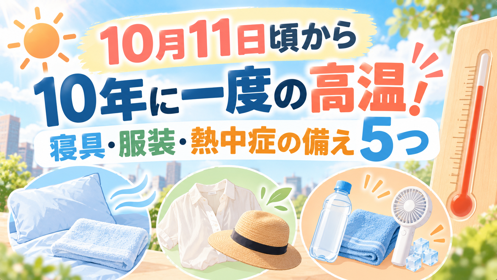 10月11日頃から10年に一度の高温!寝具・服装・熱中症の備え5つ