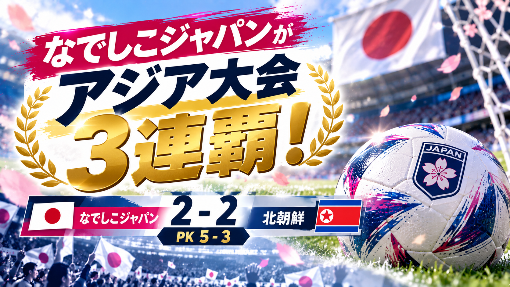 なでしこジャパンがアジア大会3連覇！北朝鮮とPK5-3、2-2からの決着