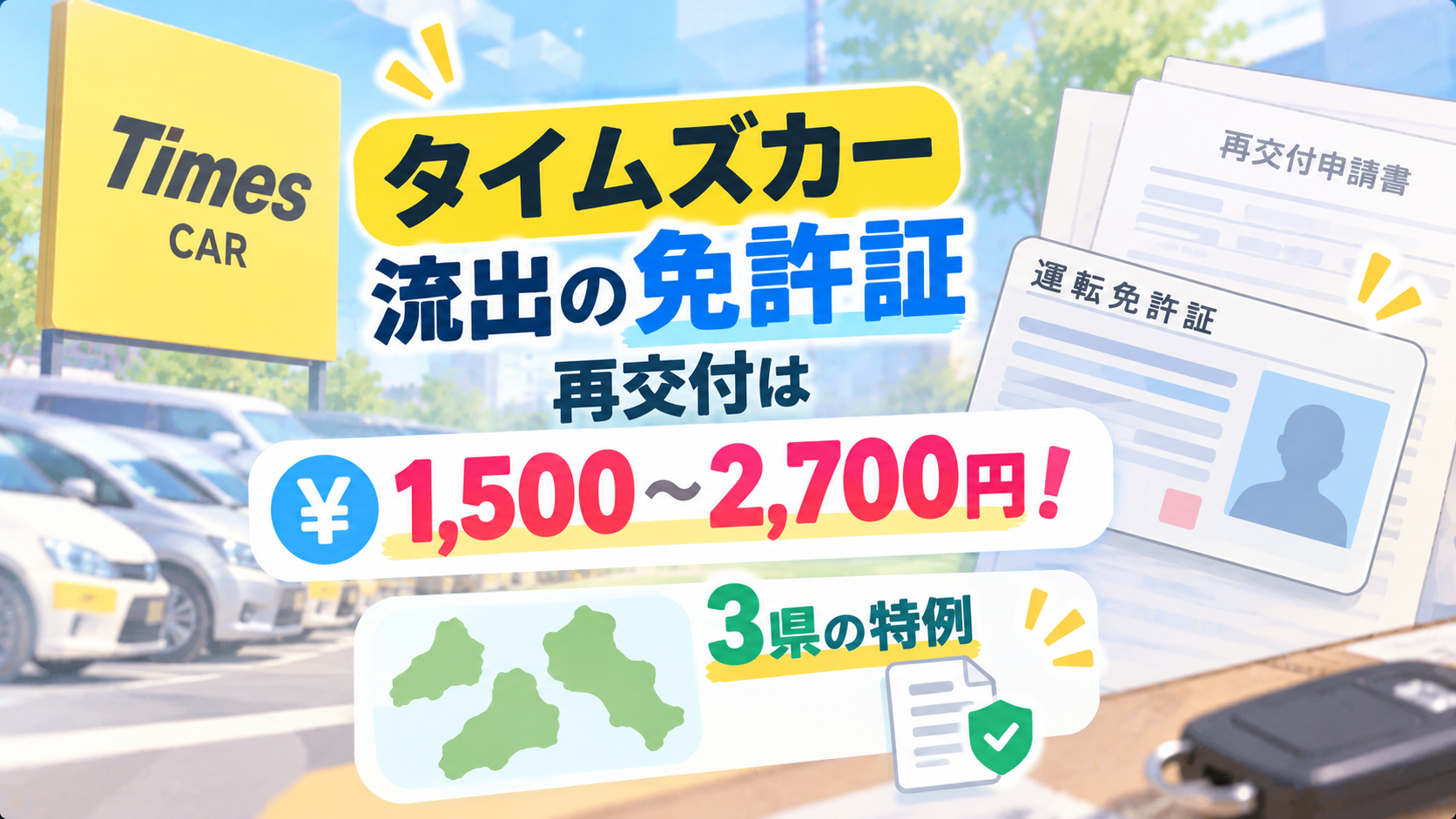 タイムズカー流出の免許証再交付は1,500〜2,700円!3県の特例