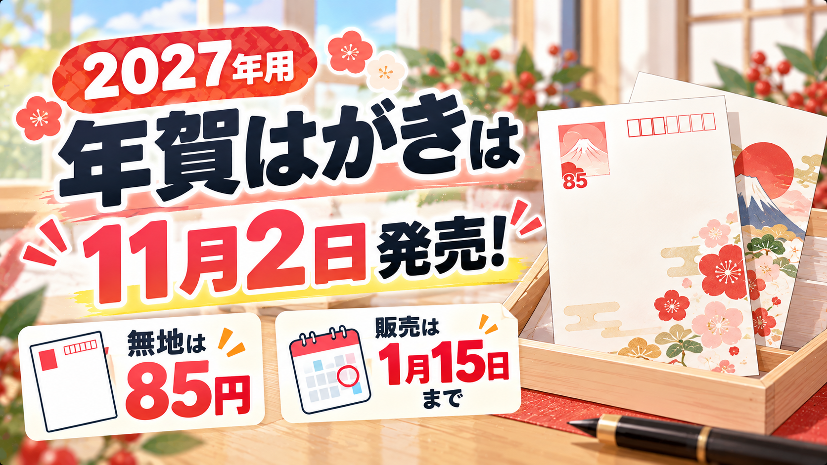 2027年用年賀はがきは11月2日発売！無地85円・販売は1月15日まで