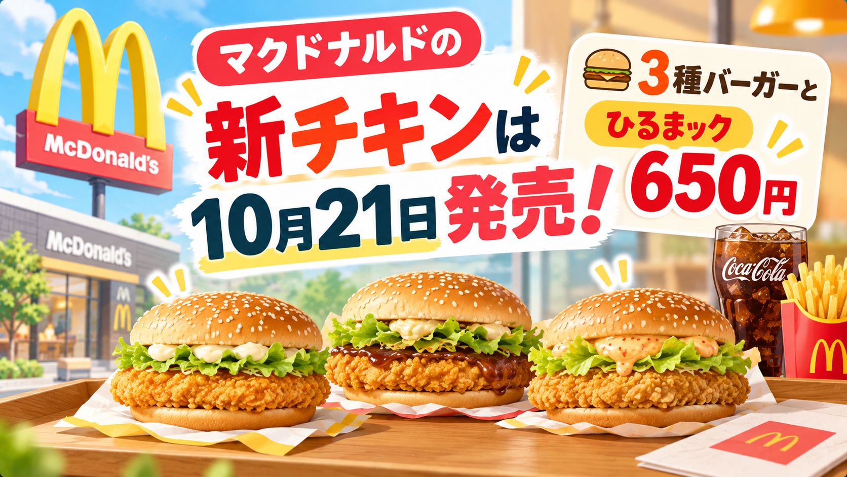 マクドナルドの新チキンは10月21日発売!3種バーガーとひるまック650円