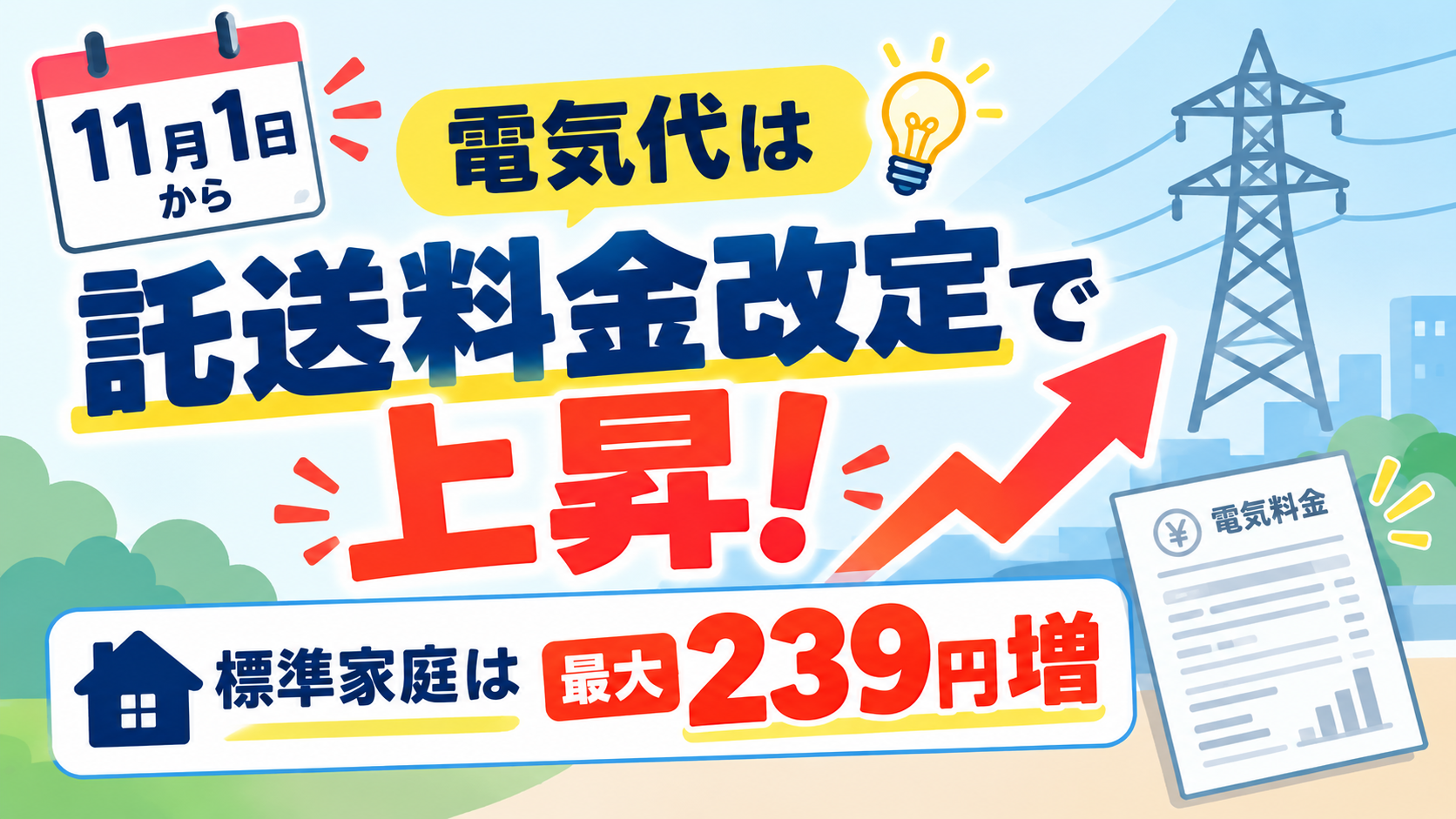 電気代は11月1日から託送料金改定で上昇！標準家庭は最大239円増